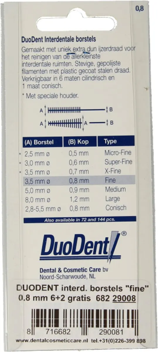 Duodent Interdentale Borstels Fine 0.8/3.5mm - 8 Stuks