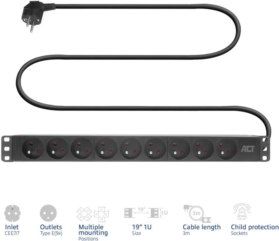 ACT PD3023 Stekkerdoos PDU 19" 9-voudig - 4000W - Zwart