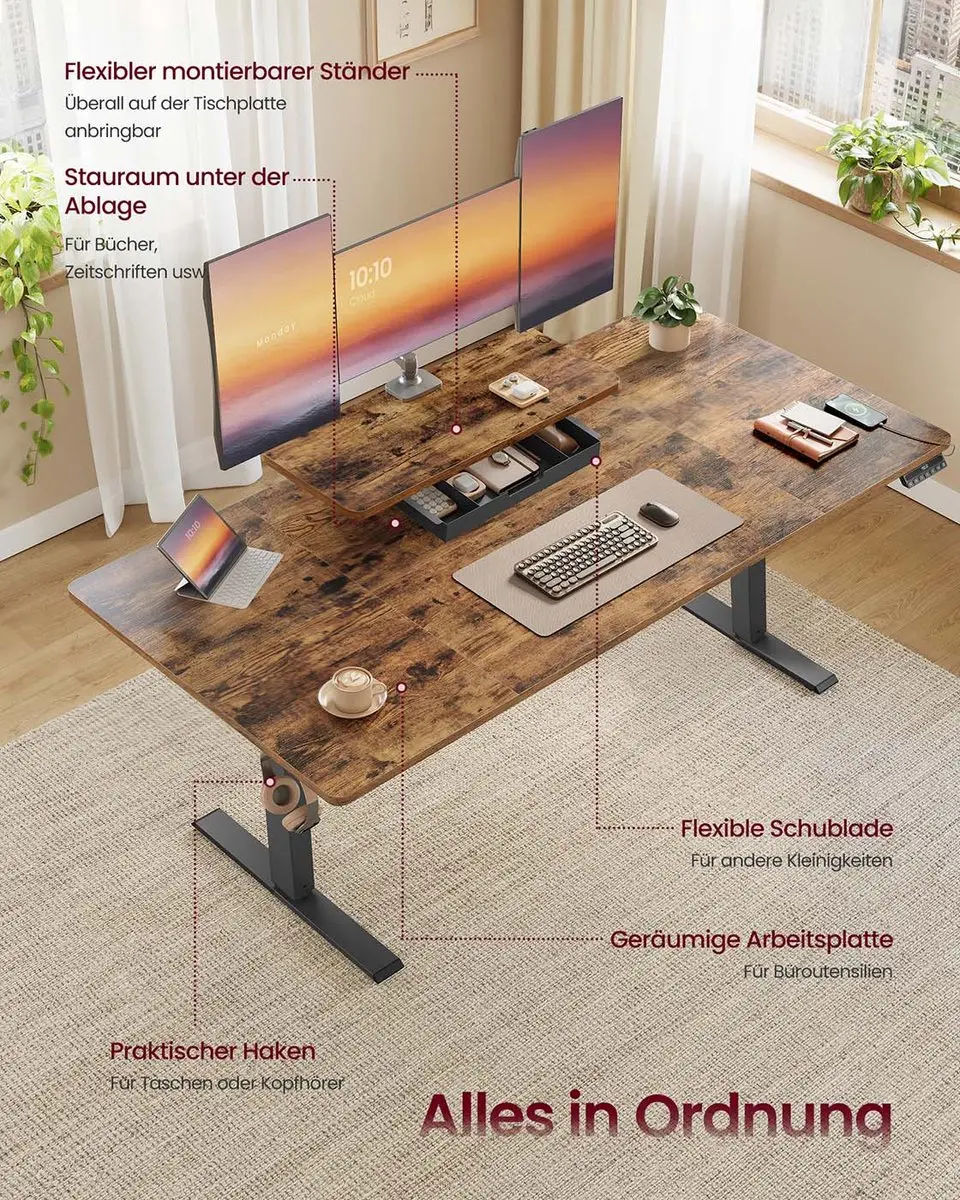 Songmics Bureau Hoogteverstelbaar Vintage Brown - met monitorstandaard