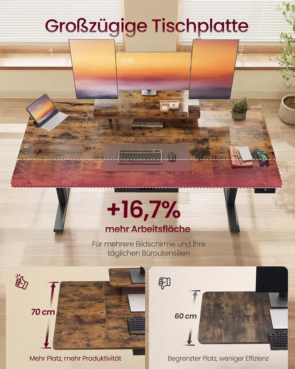 Songmics Bureau Hoogteverstelbaar Vintage Brown - met monitorstandaard