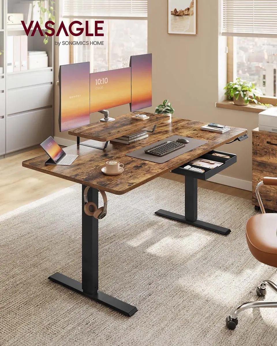 Songmics Bureau Hoogteverstelbaar Vintage Brown - met monitorstandaard
