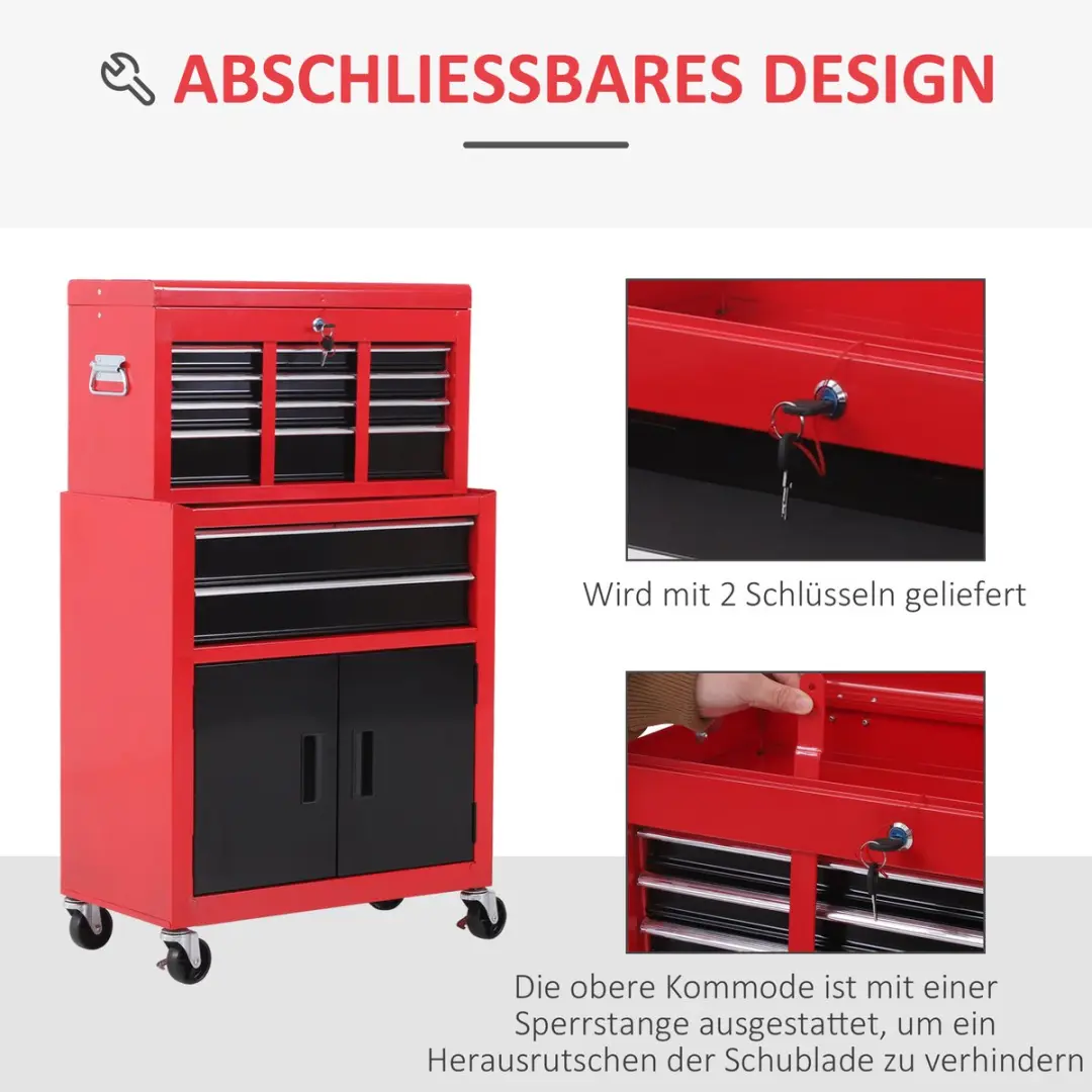 Homcom Werkstattwagen Metall 61,6x33x108cm - 6 Lades - Rood/Zwart