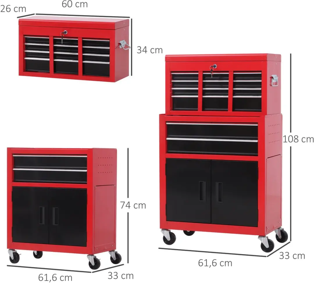 Homcom Werkstattwagen Metall 61,6x33x108cm - 6 Lades - Rood/Zwart