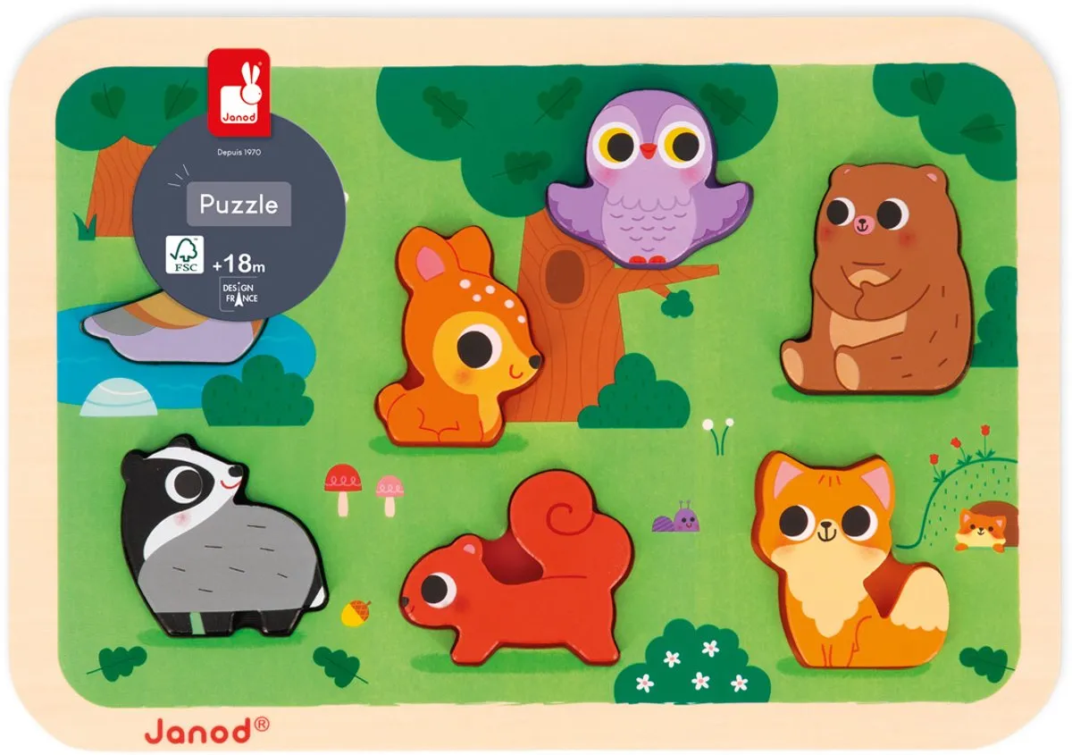 Janod Chunky Bosdieren 3D Puzzel 7 Stuks - 1,5cm dik