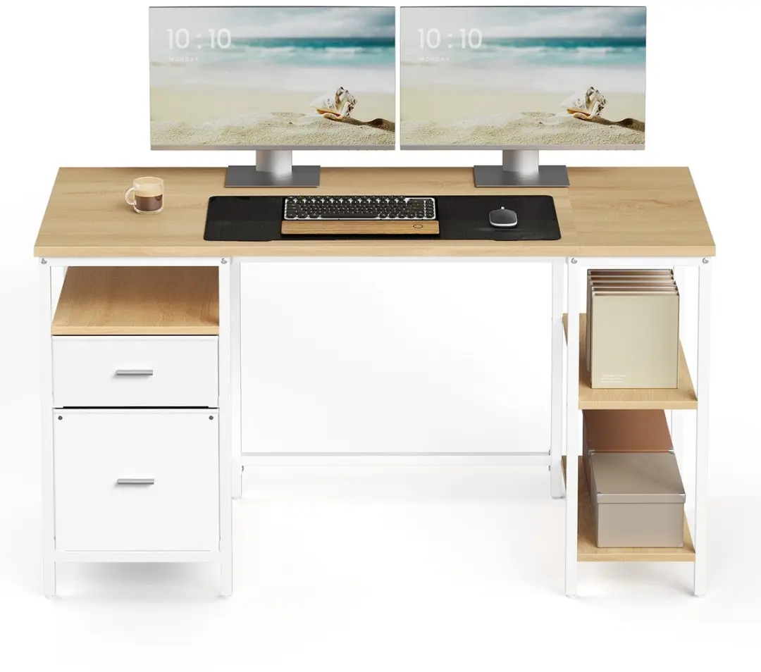 Songmics Computerbureau - 140x60cm - Natuurlijk eiken & parelwit