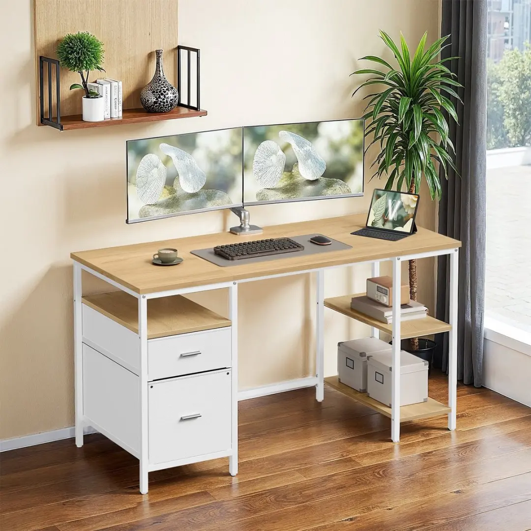 Songmics Computerbureau - 140x60cm - Natuurlijk eiken & parelwit
