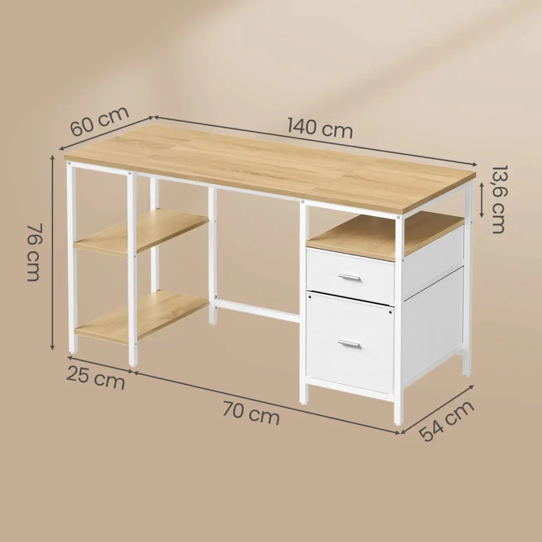 Songmics Computerbureau - 140x60cm - Natuurlijk eiken & parelwit