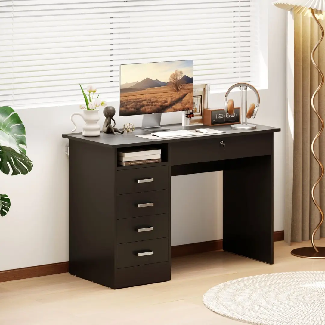 ECTEATOY Modern Bureau 110x50x76cm - 5 Lades - Zwart - afbeelding 6 van 6