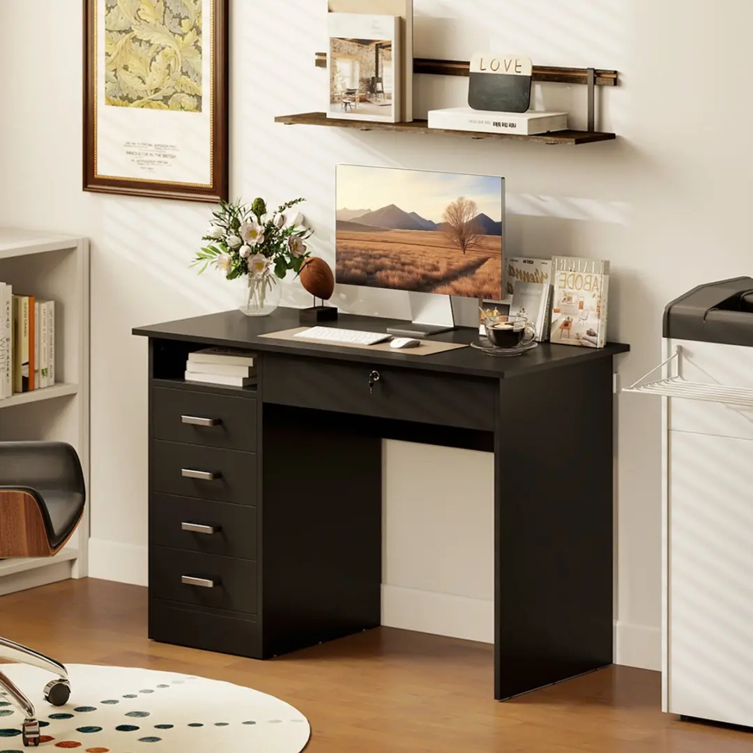 ECTEATOY Modern Bureau 110x50x76cm - 5 Lades - Zwart - afbeelding 3 van 6