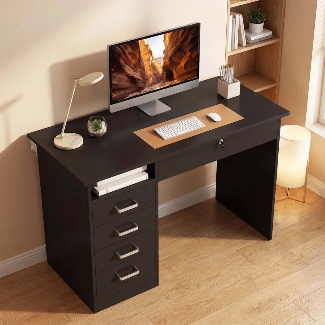 ECTEATOY Modern Bureau 110x50x76cm - 5 Lades - Zwart - afbeelding 2 van 6