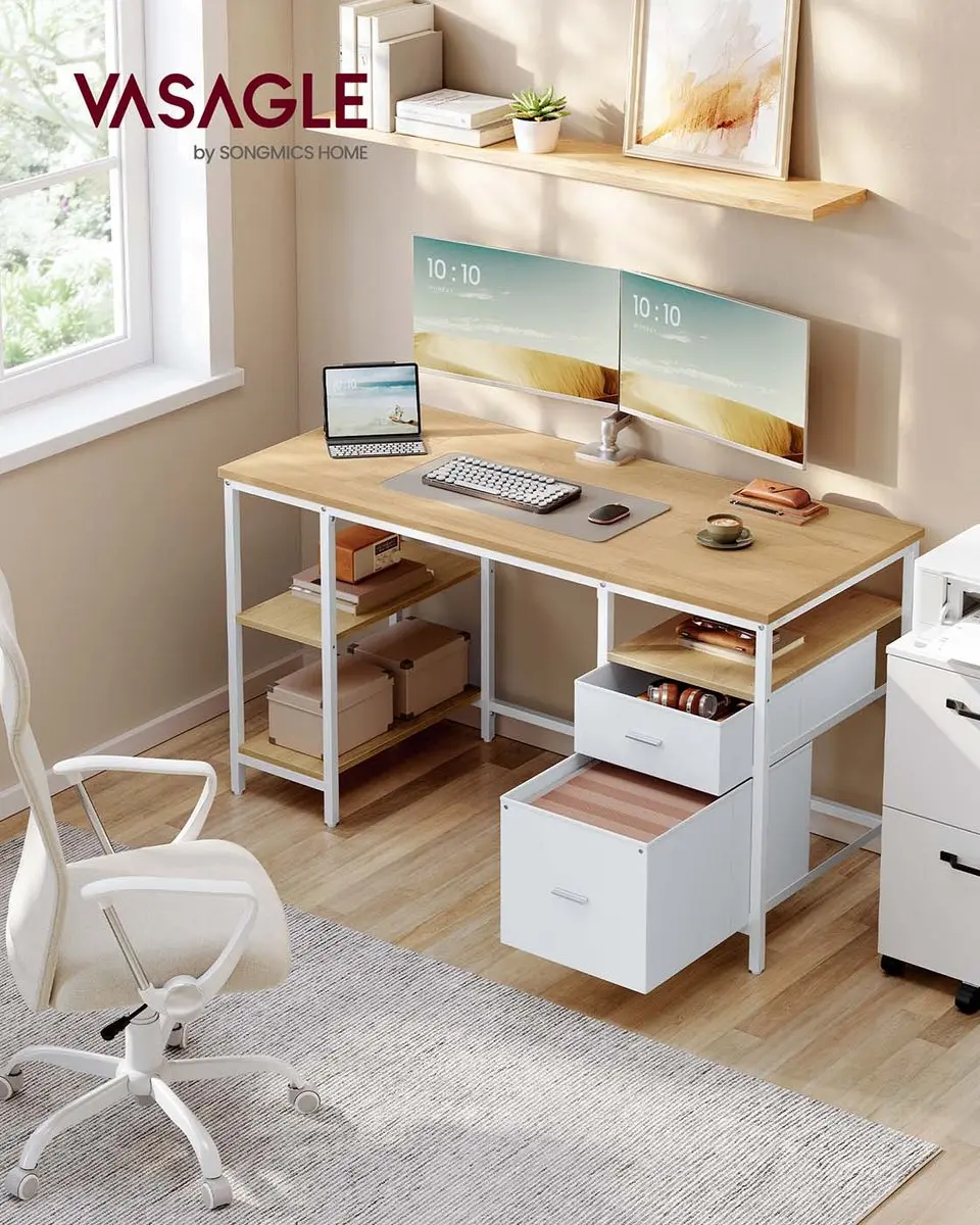 Songmics Computerbureau - 3 Planken & 2 Lades Eikenkleur/Wit