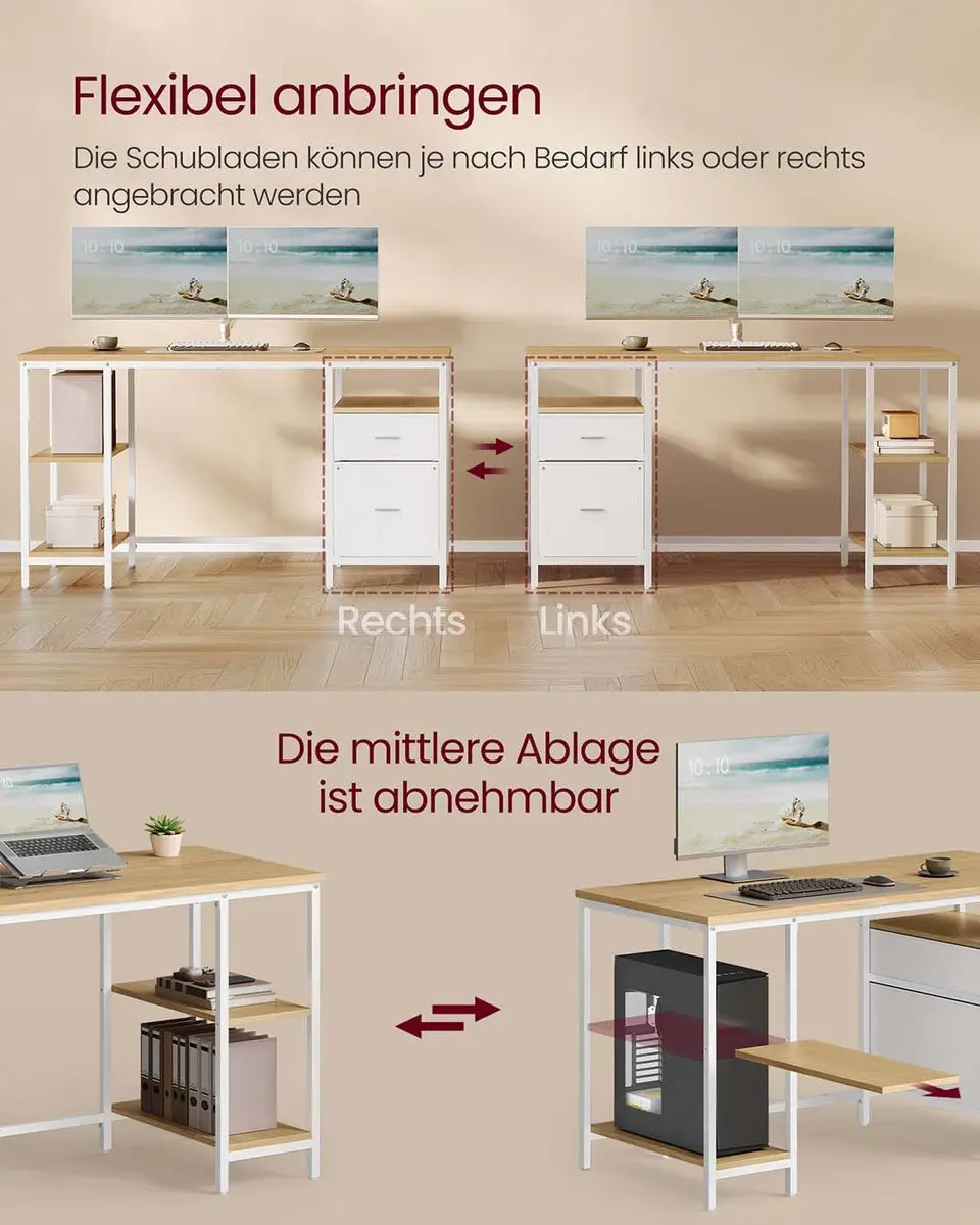 Songmics Computerbureau - 3 Planken & 2 Lades Eikenkleur/Wit