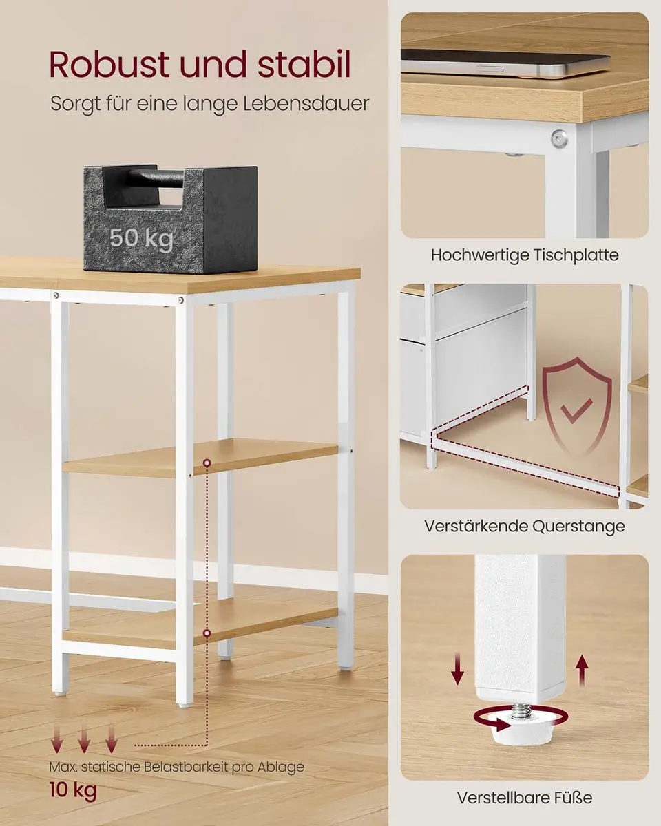 Songmics Computerbureau - 3 Planken & 2 Lades Eikenkleur/Wit