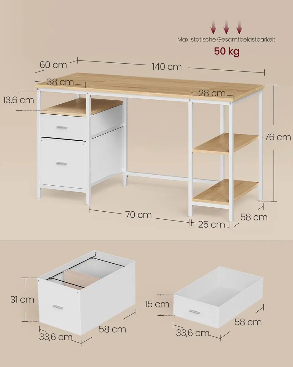 Songmics Computerbureau - 3 Planken & 2 Lades Eikenkleur/Wit - afbeelding 6 van 6