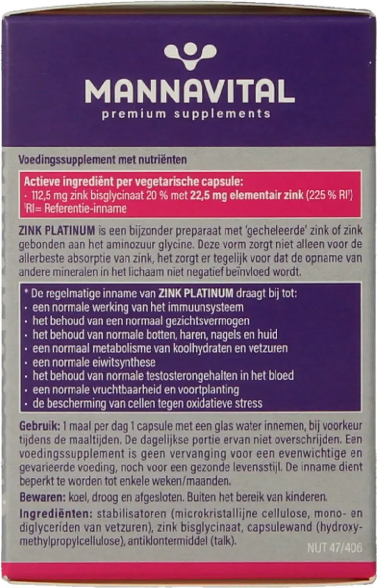 Mannavital Zink Platinum 60 Vegetarische Capsules