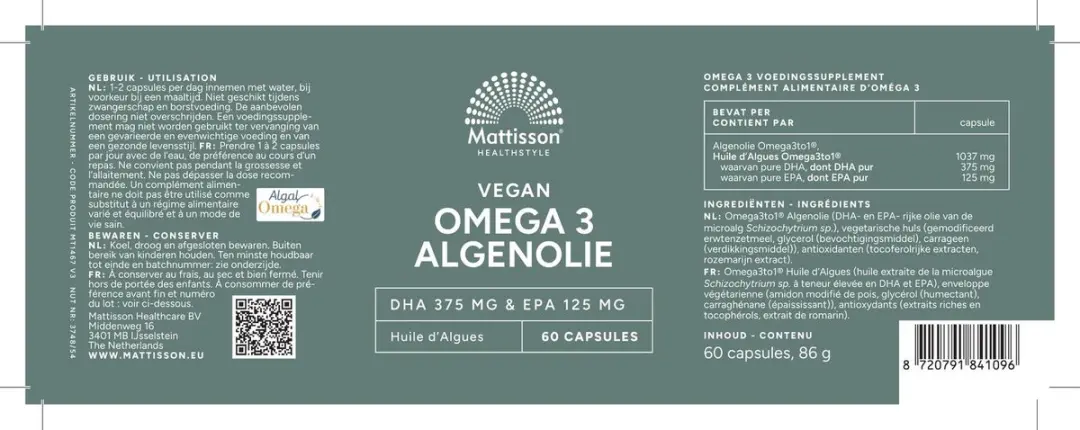 Mattisson Vegan Algenolie Omega 3 500mg - 60 Capsules