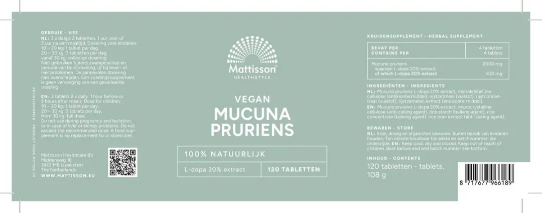 Mattisson Mucuna Pruriens Tabletten 20% L-dopa - 120 Stuks