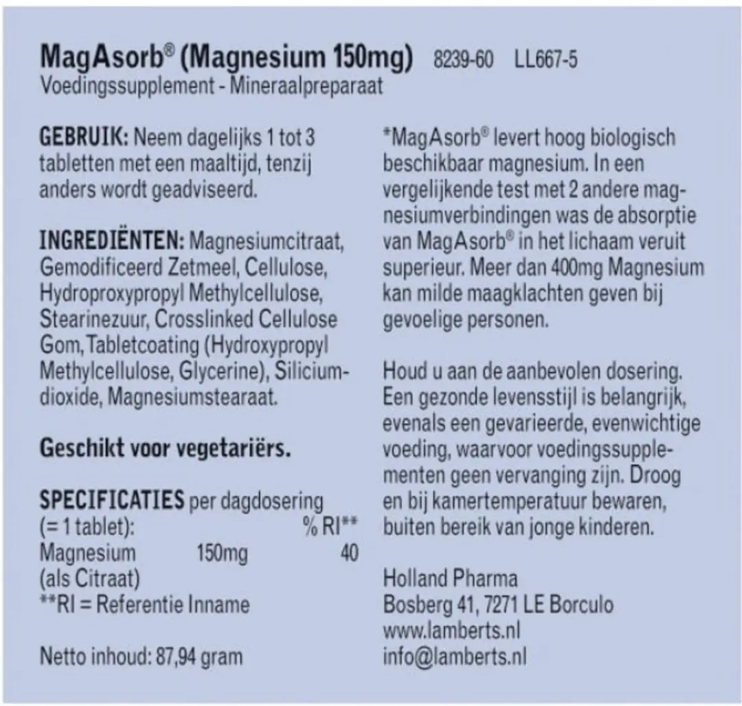 Lamberts MagAsorb Magnesiumcitraat 150mg - 60 Tabletten