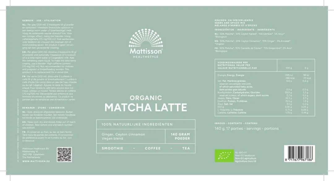 Mattisson Biologische Matcha Latte Gember Kaneel 140g