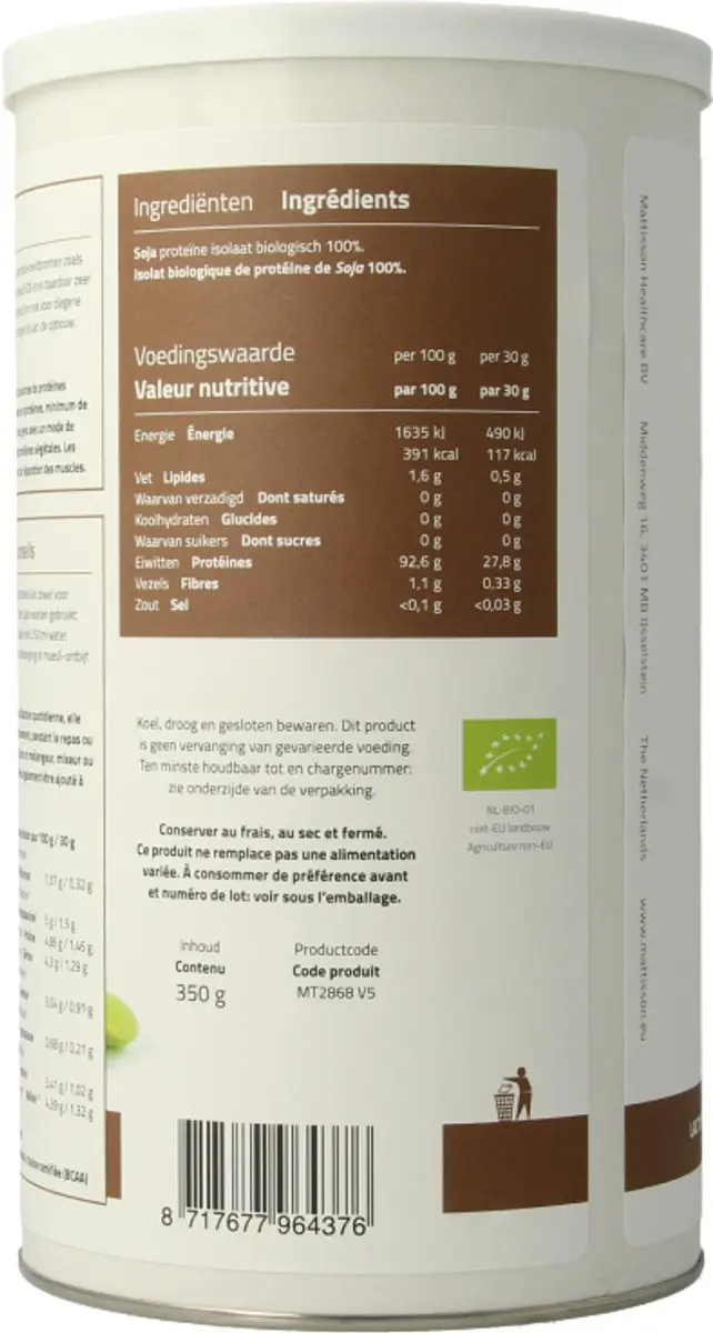 Mattisson Biologische Soja Proteïne Poeder 90% 350g