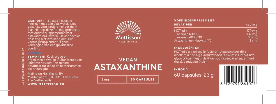 Mattisson Vegan Astaxanthine 8mg Nataxtin 60 Capsules
