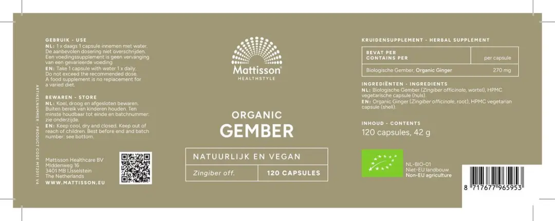 Mattisson Biologische Gember Capsules 270mg - 120 Stuks