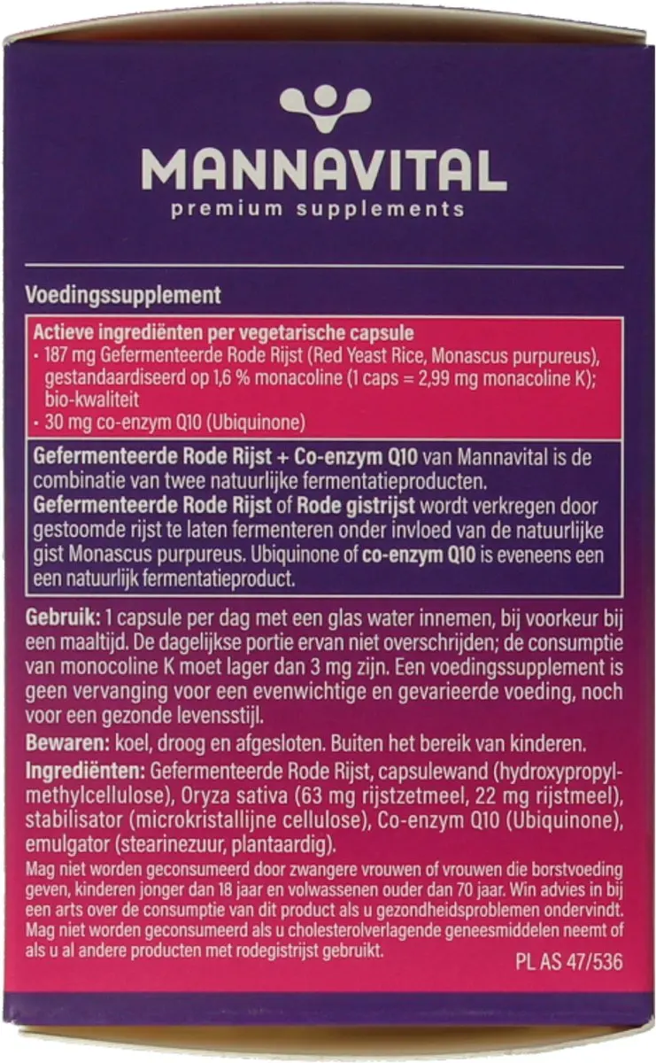 Mannavital Gefermenteerde Rode Rijst 60 Capsules