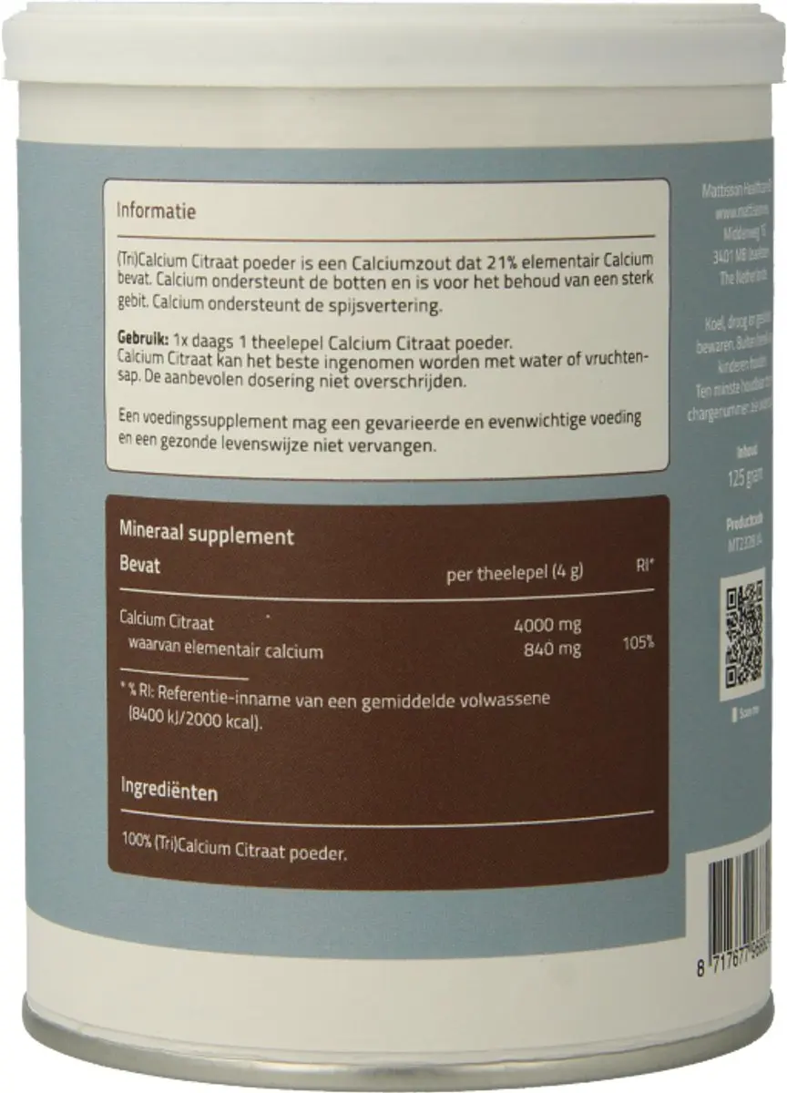 Mattisson Calcium Citraat Poeder 125g