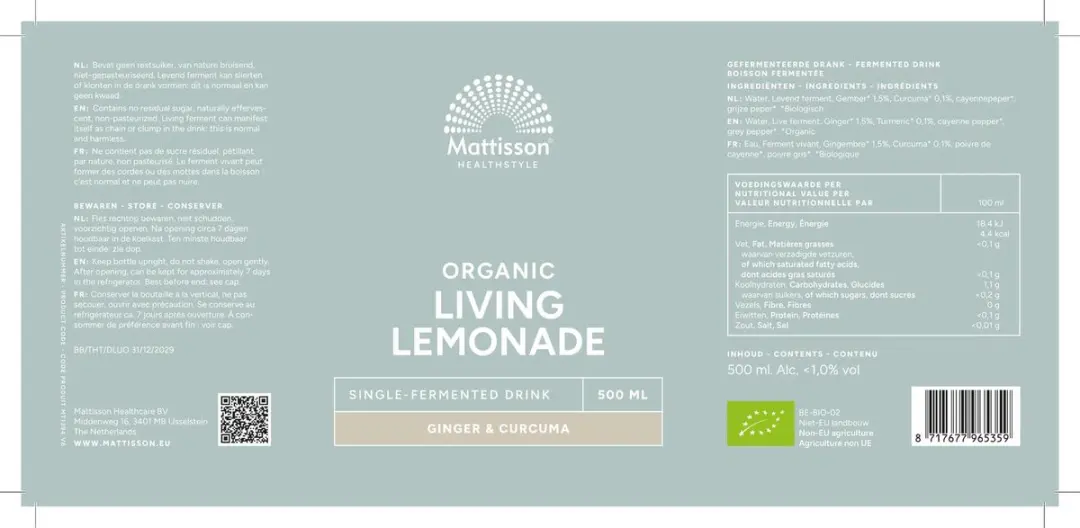 Mattisson Biologische Living Lemonade Gember & Kurkuma 500ml