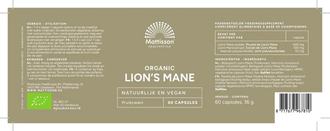 Mattisson Lion's Mane 400mg Capsules 60 Stuks - Biologisch