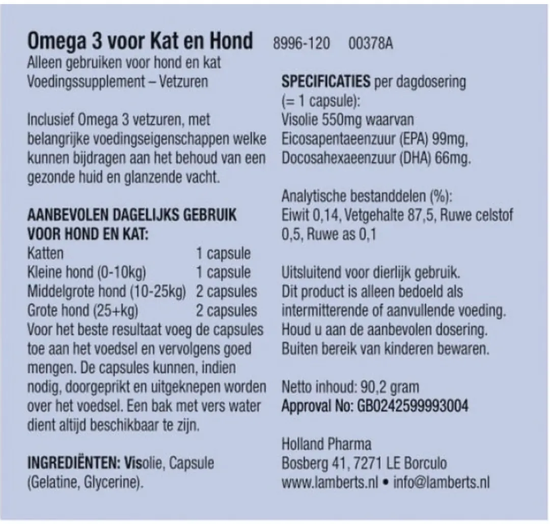 Lamberts Omega 3 Honden & Katten 120 Capsules