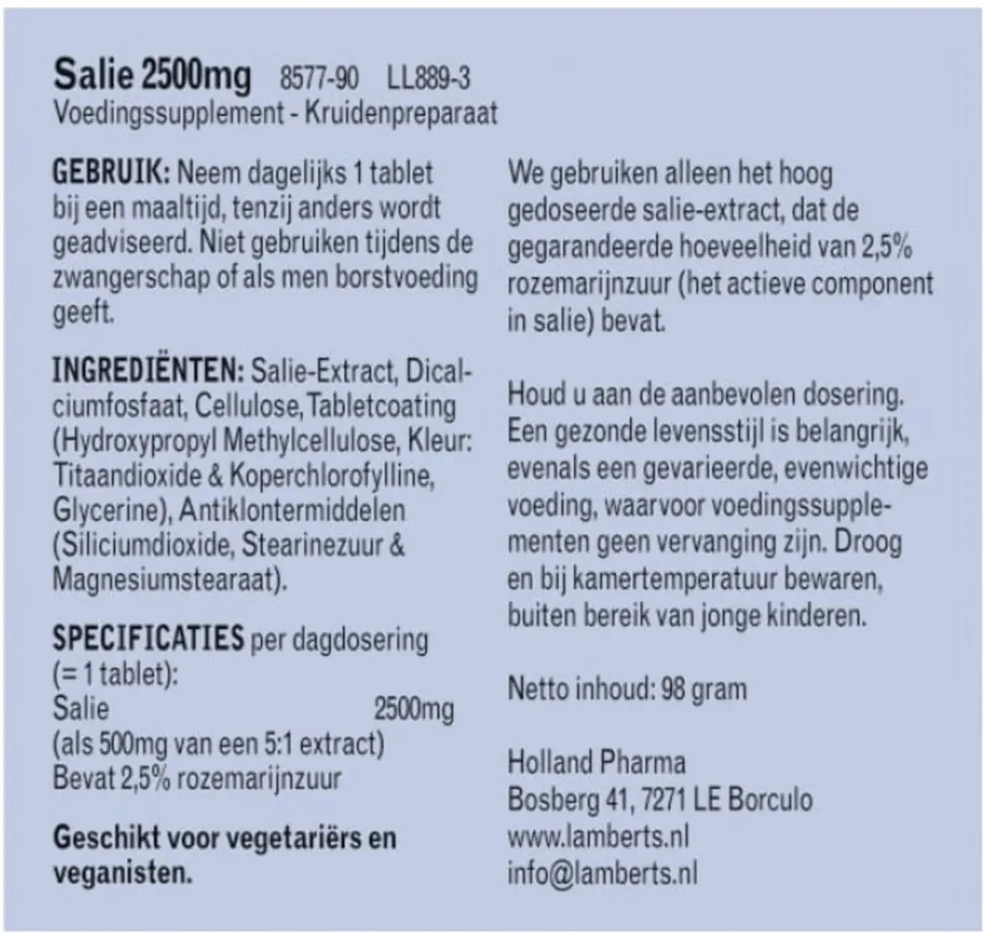 Lamberts Sage 2500mg Tabletten - 90 Stuks