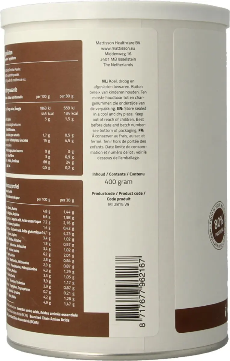 Mattisson Rijst Proteïne Poeder 400g - 80% Eiwit - Naturel