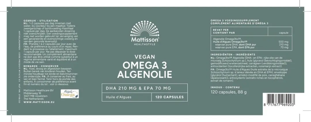 Mattisson Vegan Algenolie Omega 3 120 Capsules - DHA 210mg & EPA 70mg
