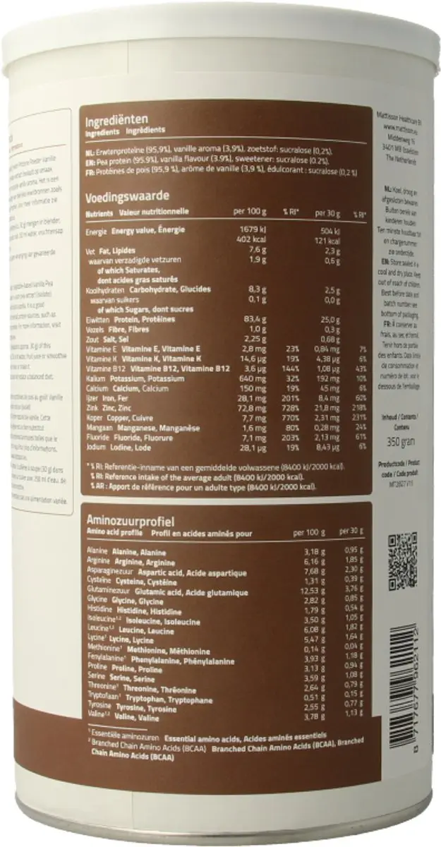 Mattisson Erwtenproteïne Poeder Vanille 350g