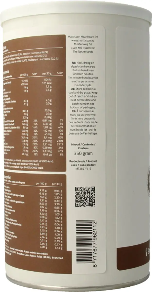 Mattisson Erwtenproteïne Poeder Vanille 350g - afbeelding 6 van 6