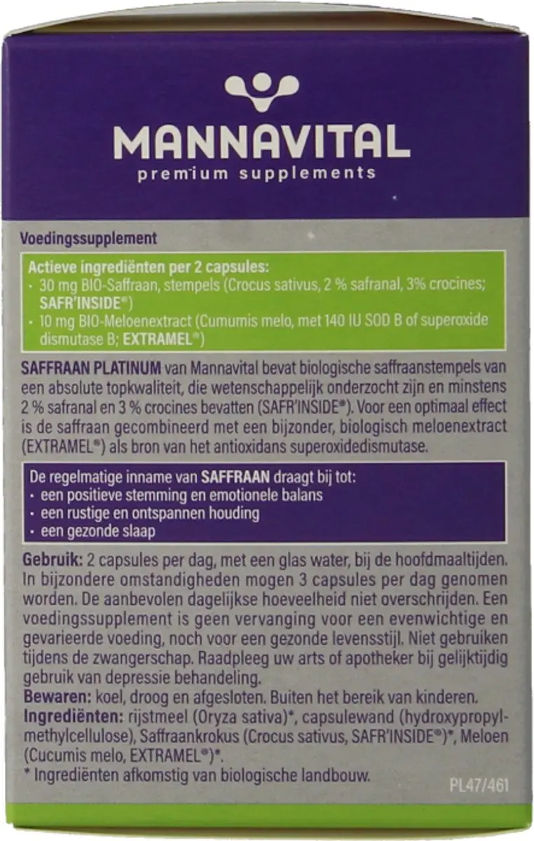 Mannavital Saffraan Platinum 60 Vegetarische Capsules
