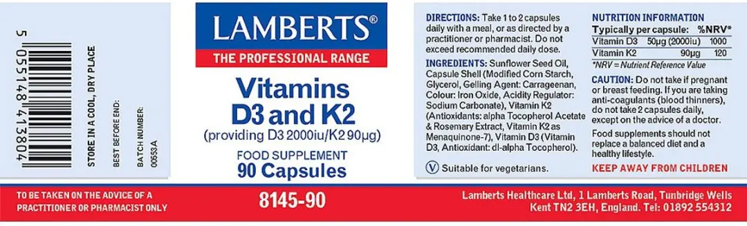 Lamberts Vitamine D3 2000IE & K2 90mcg Capsules - 90 Stuks
