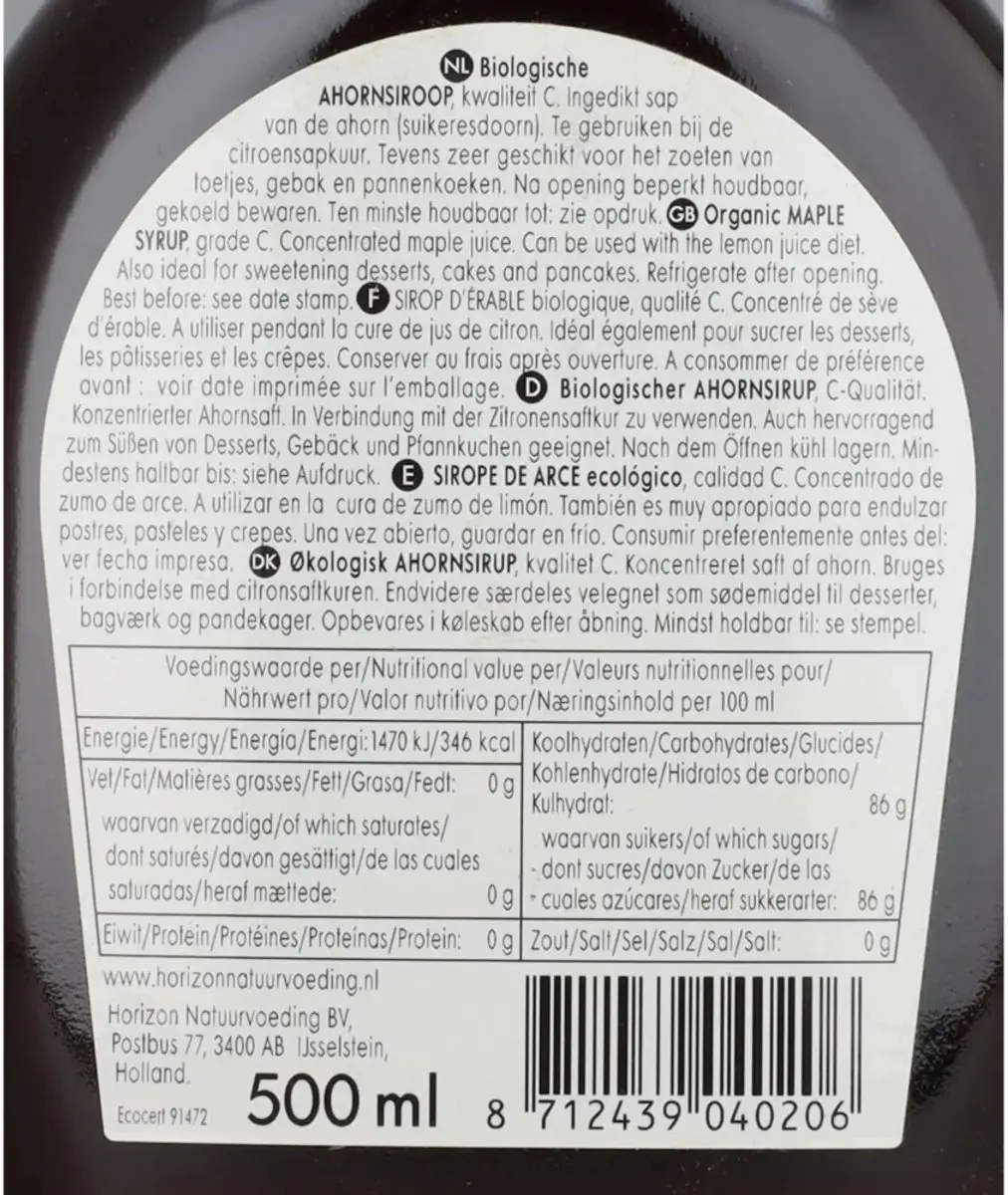 Horizon Ahornsiroop Cgraad Eko 500ml