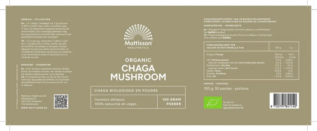 Mattisson Biologisch Chaga Mushroom Poeder 100g