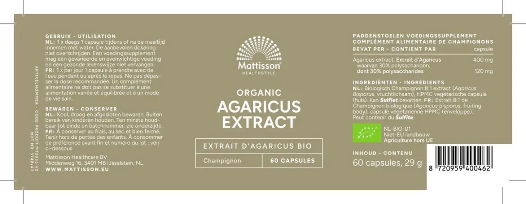 Mattisson Biologische Agaricus 400mg Voedingssupplement 60 Capsules