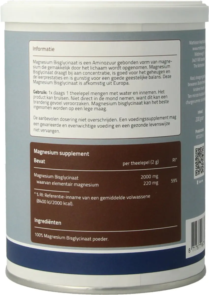 Mattisson Magnesium Bisglycinaat Poeder 200g