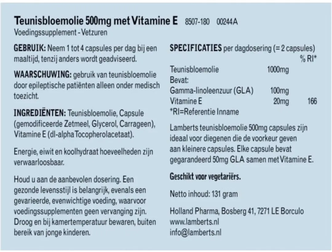 Lamberts Teunisbloemolie 500mg - 180 Capsules