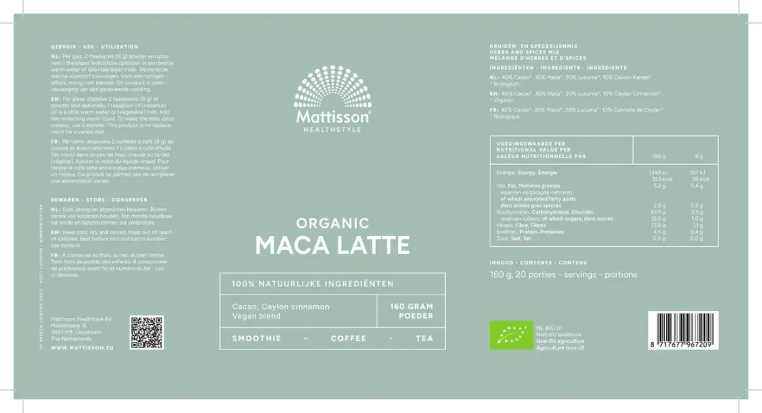 Mattisson Biologische Maca Latte Cacao & Ceylon Kaneel 160g