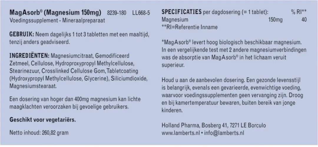 Lamberts MagAsorb Magnesiumcitraat 150mg - 180 Tabletten