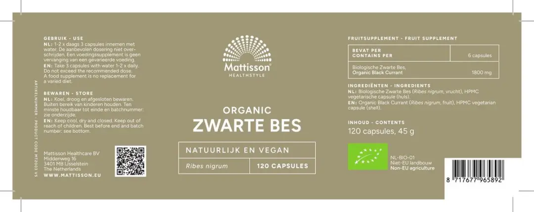 Mattisson Biologische Zwarte Bes 300mg Capsules - 120 Stuks