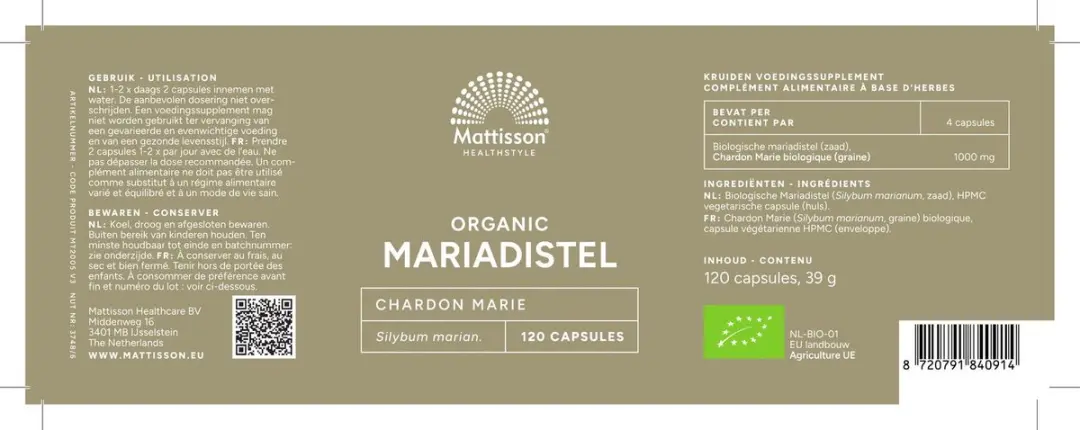 Mattisson Biologische Mariadistel Capsules 250mg - 120 Stuks