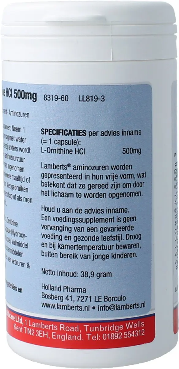 Lamberts L-Ornithine 500mg - 60 Capsules