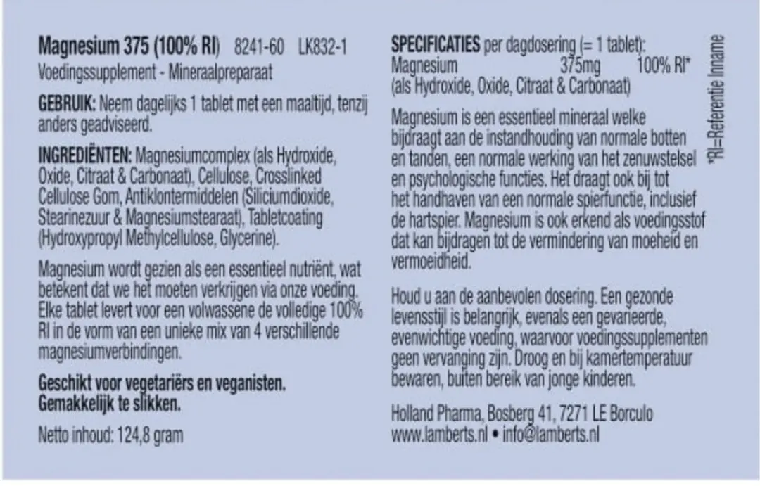 Lamberts Magnesium 375 Tabletten - 60 Stuks