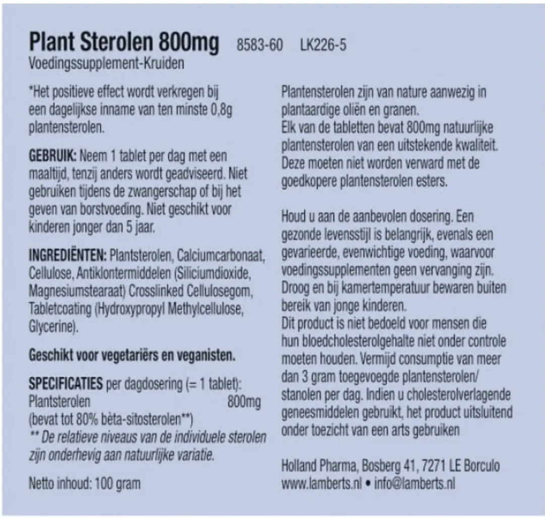 Lamberts Plant Sterolen 800mg 60 Tabletten